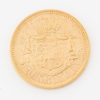 Gold coin, Oscar II, 20 kronor, type III, Sweden 1877.