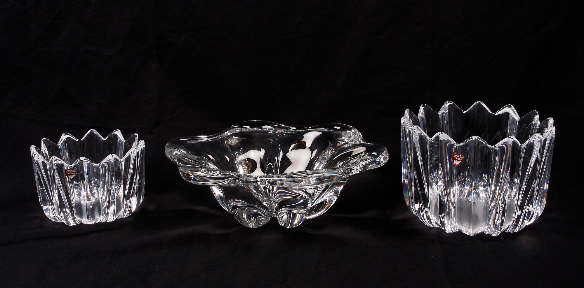 SKÅLAR, glas, 3 st, bla Orrefors, 1900-tal.