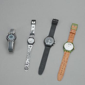 SWATCHKLOCKOR, 4st, plast, "Black Friday", "Garage", "Gran Via", "Screw Driver L", ca 1991-1994.