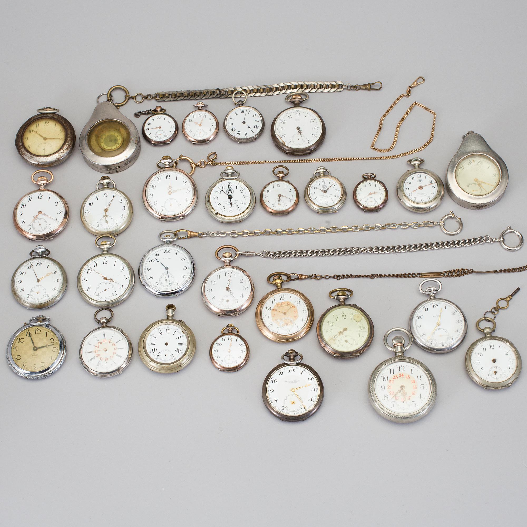 POCKET WATCH, 28 pcs, silver and base metal, circa 1900.