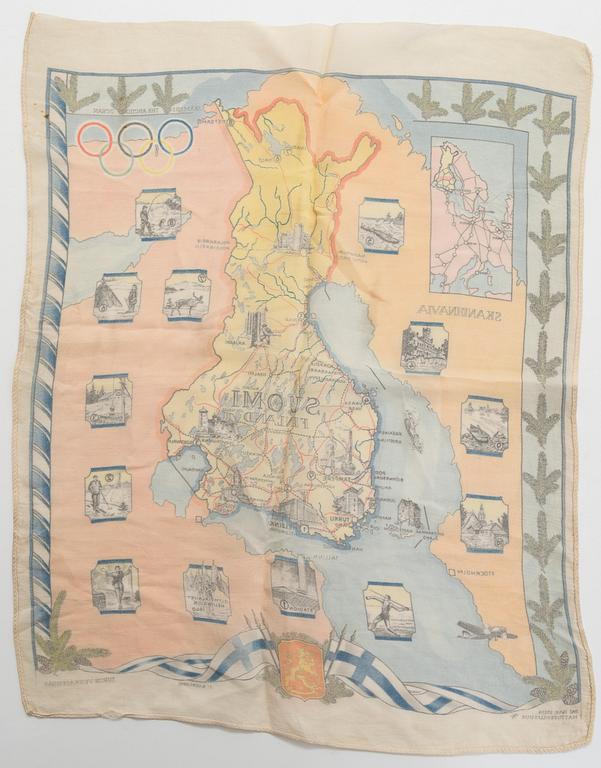 Sidenduk, 1 st,  pins, 4 st, och tygetikett, Helsingfors sommar-OS 1940.