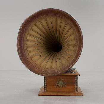 A funnel gramophone, early 20th century.