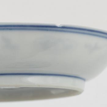 a pair of blue and white cups and three dishes, China, late Qing dynasty.