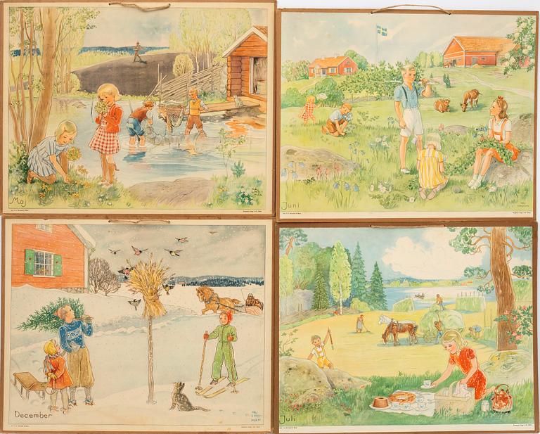 Maj Lindman, school charts, 12 pcs. P.A Norstedt & Söner, Stockholm.