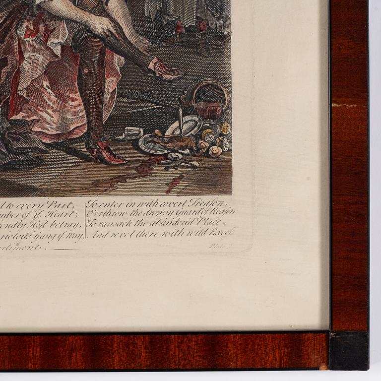William Hogarth, efter, åtta stycken kolorerade etsningar och gravyrer.