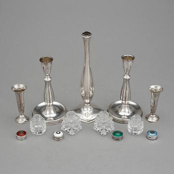 PARTI SILVER, 9 delar, 1900-tal. Tot vikt ca 443 gram (inkl. glas).