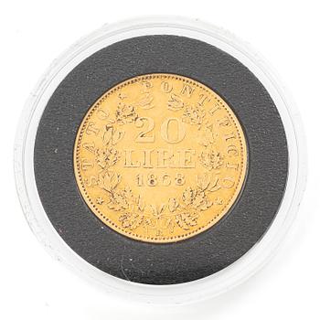 Guldmynt, Vatikanstaten, Pius IX, 20 Lire, 1868.