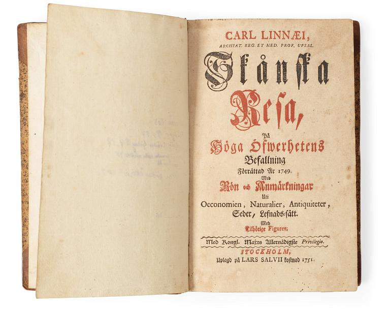 CARL VON LINNÉ (1707-1778), Carl Linnaei..Skånska resa på höga öfverhetens befallning förrättad år 1749..., Stockholm 1751.