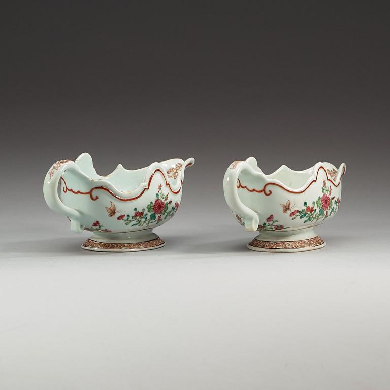 A pair of famille rose sauce boats, Qing dynasty, Qianlong (1736-95).