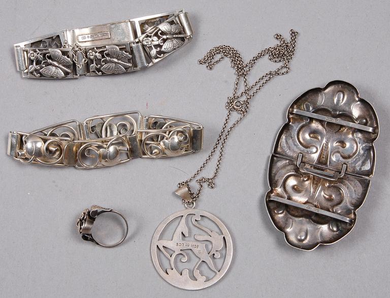 PARTI SMYCKEN, 5 delar, silver, 1900-talets första hälft.