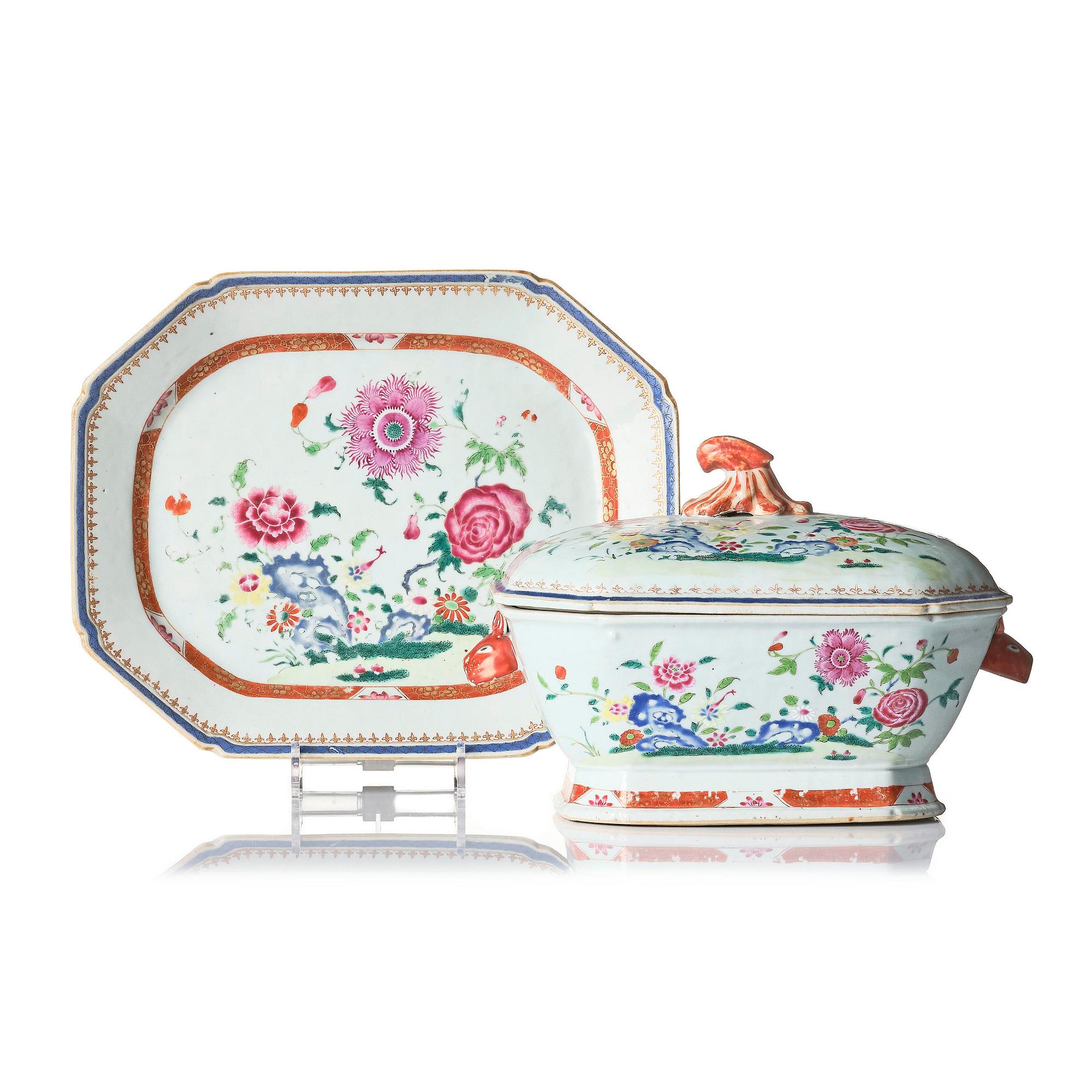 A famille rose tureen with cover and a serving dish, Qing dynasty, Qianlong (1736-95).