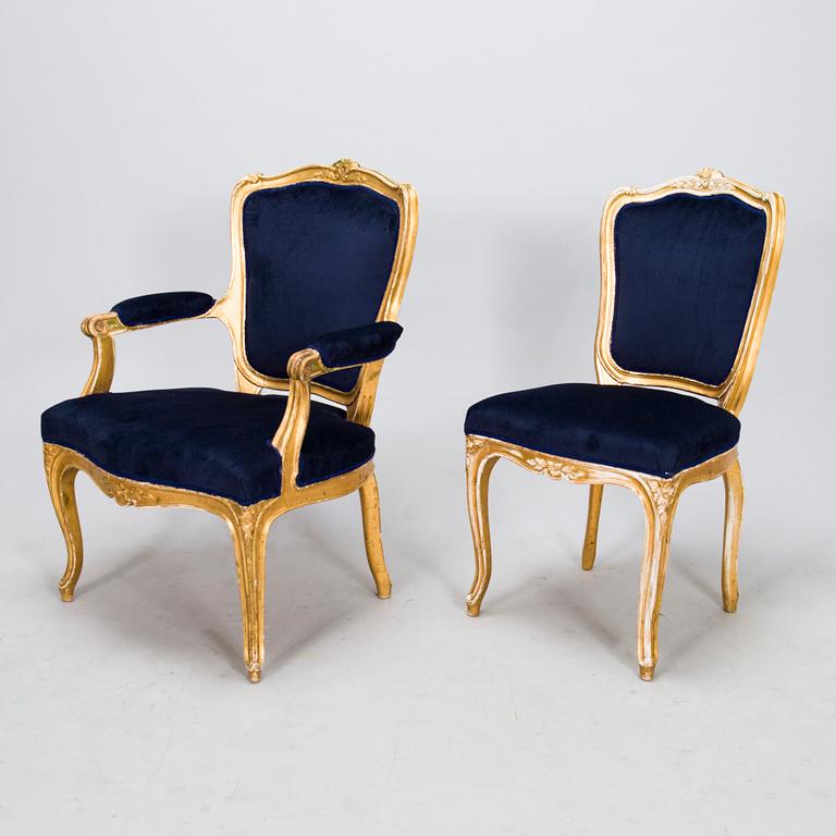A pair of Rococo style armchairs chairs and chairs, first half of the 20th century.