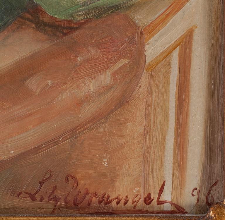 LILY WRANGEL CHRISTIE, olja på pannå, signerad o daterad 1896.