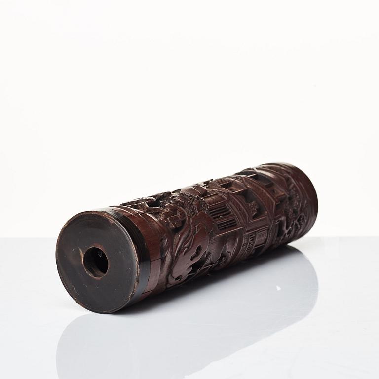 A carved cylindrical bambo parfumier, Qing dynasty, 19th Century.