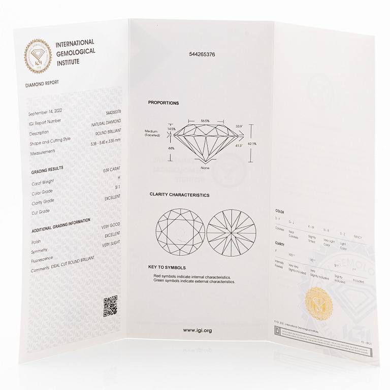 Ring 18K vitguld med briljantslipad diamant, medföljande IGI report.