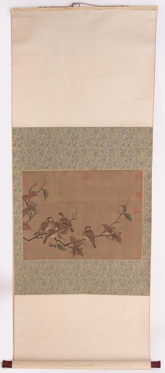 RULLMÅLNING, tusch och färg på siden, Kina, 1950/60-tal.