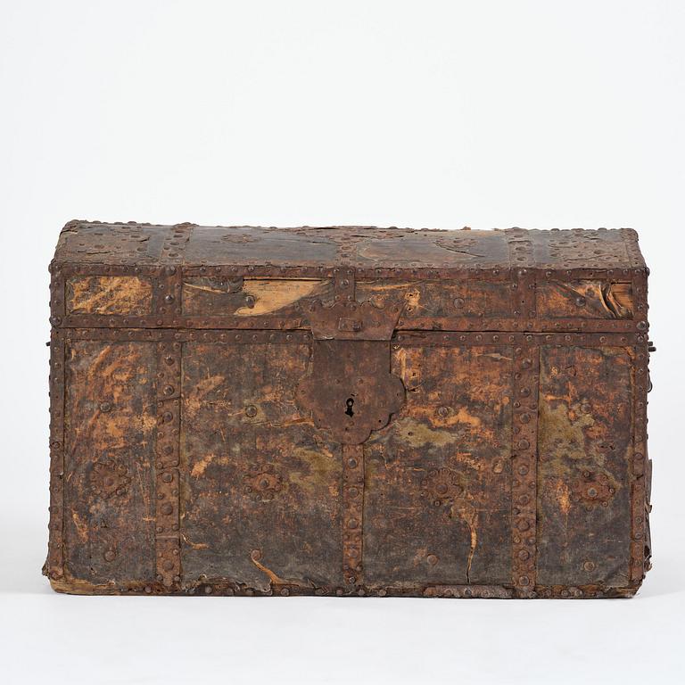 A Dutch baroque iron-bound and leather clad chest, later part 17th century.