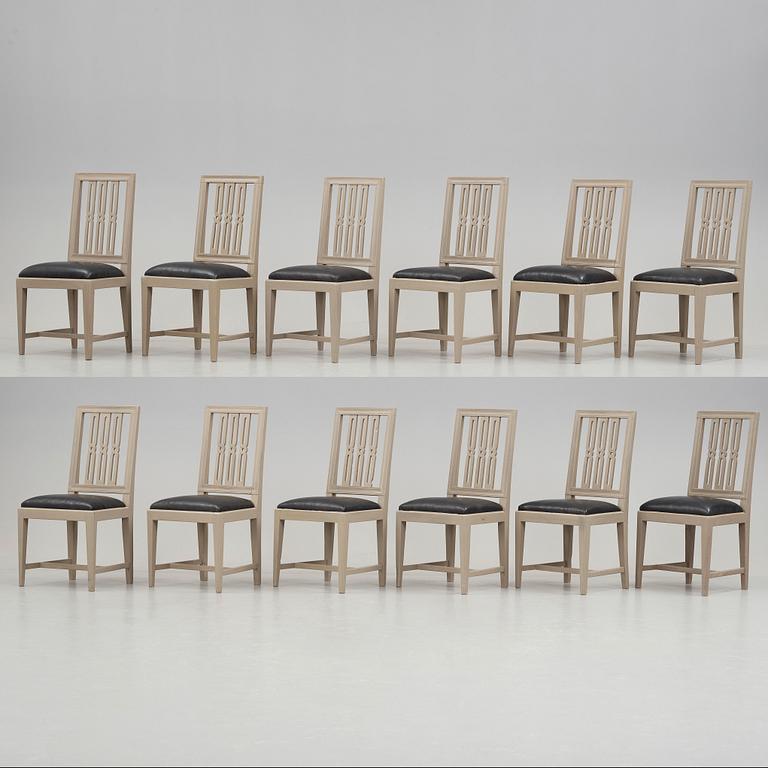 Twelve late Gustavian late 18th century chairs.