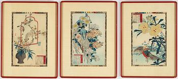 Bairei Kono (1844 - 1895), three coioured woodblock prints, Japan, second half of the 19th century.