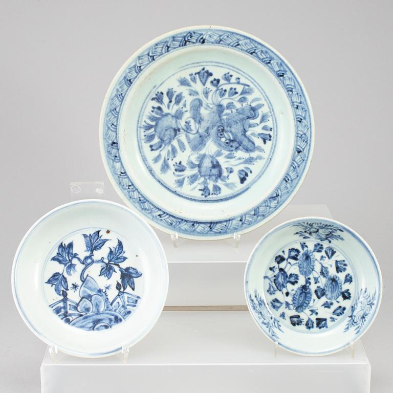 Three blue and white dishes, Ming dynasty, circa Zhengtong, for the South east asian market.