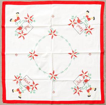 A collection of smaller Christmas tablecloths, runners, wall hangings, curtains, and Christmas tree skirts, 32 pcs, 20th century.