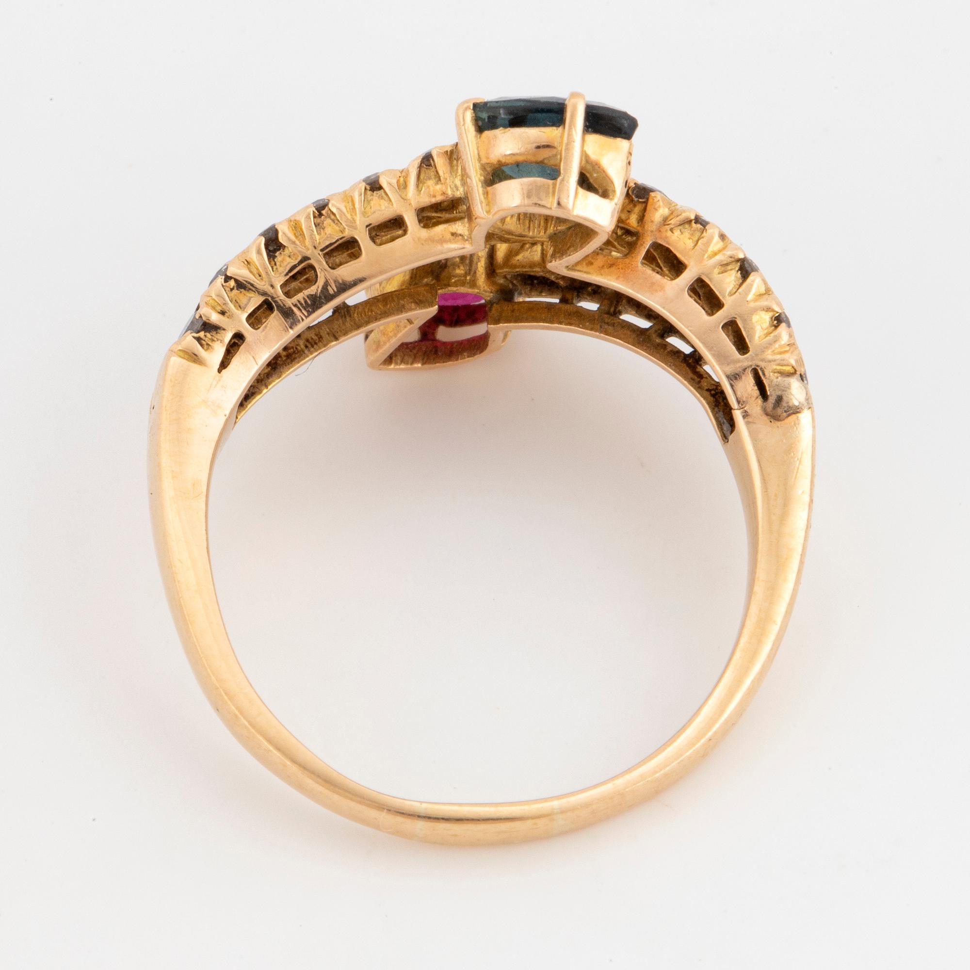 Ruby, sapphire and brilliant-cut diamond ring.