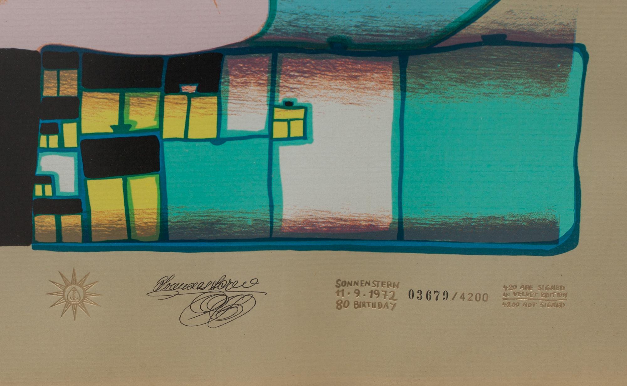 FRIEDENSREICH HUNDERTWASSER, färgserigrafi med metallprägling, stämpelsignerad och numrerad 3679/4200.