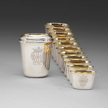 A set of 12 Swedish early 18th century parcel-gilt hunting-beakers and cover, marks of Petter Henning, Stockholm 1707.