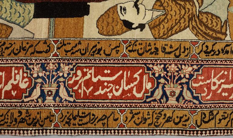 A RUG, a semi-antique Kashan figural, possibly Motachem, ca 202 x 140 cm.