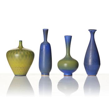 Berndt Friberg, a set of 8 miniature stoneware vases and 4 bowls, Gustavsberg Studio, 1962-68.