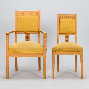 Fåtöljer, ett par och stolar, 4 st, tidigt 1900-tal.