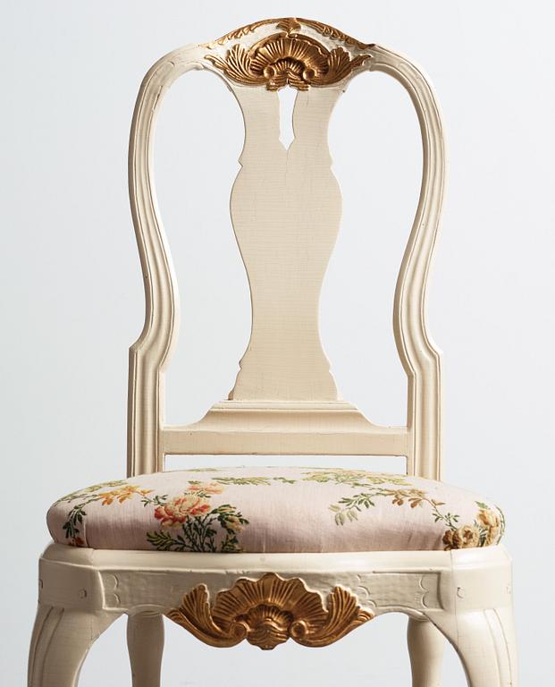 A set of five Swedish rococo chairs. (3+2).