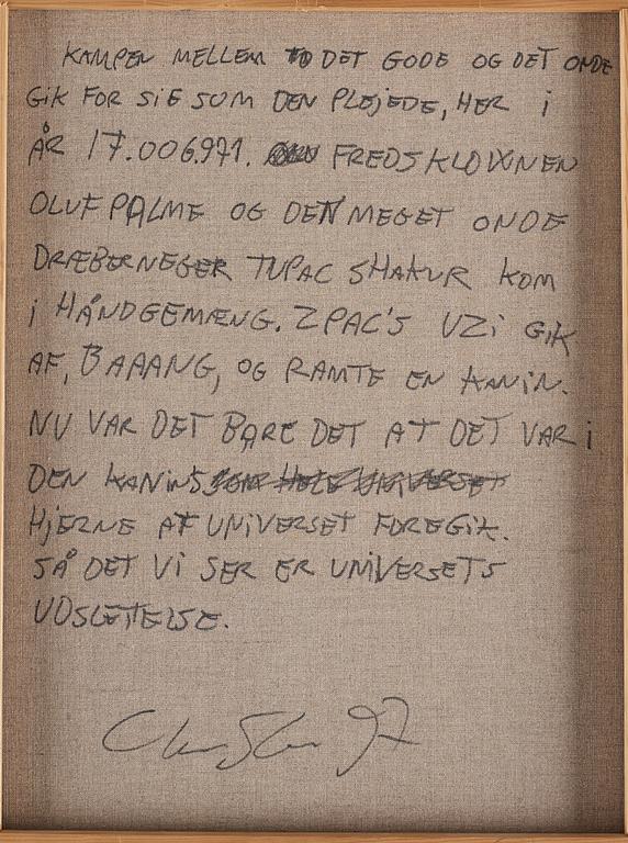 Christian Schmidt-Rasmussen, "Kampen mellom det gode og det onde gikk for seg som det pleide her i år 17.006.971. Fredsklovnen Olof Palme og den...".