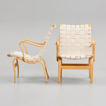 Bruno Mathsson, a pair of bent beech wood and textile girths 'Eva' lounge chairs, Firma Karl Mathsson, Sweden 1967.