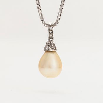 Halsband, 18K vitguld, hänge i platina med odlad pärla och diamanter.