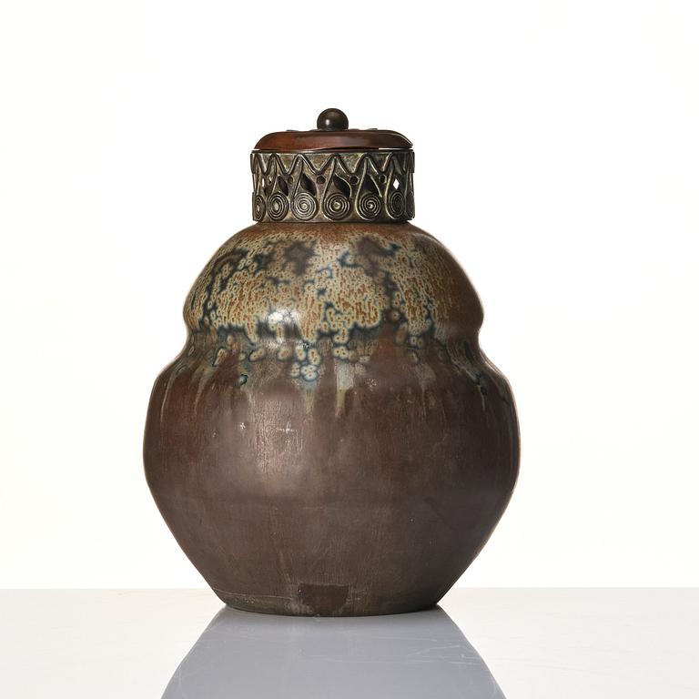 Patrick Nordström, attributed to, a stoneware urn with lid and mouth of patinated bronze, Royal Copenhagen, Denmark circa 1900.