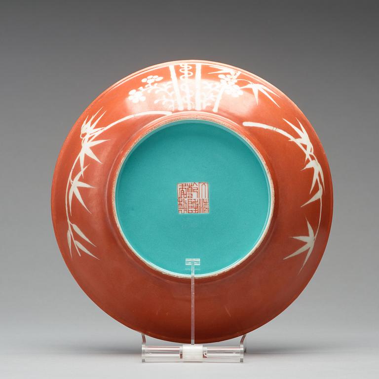 A coral red ground bamboo dish, presumably Republic, early 20th Century.