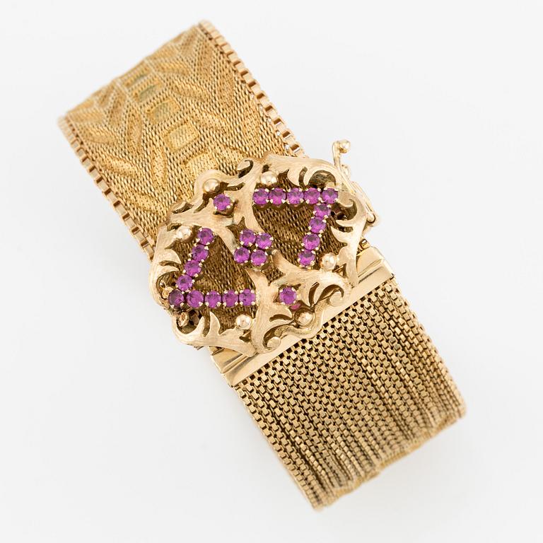 Bracelet, 18K gold with tassels and pink stones, Italian hallmark.