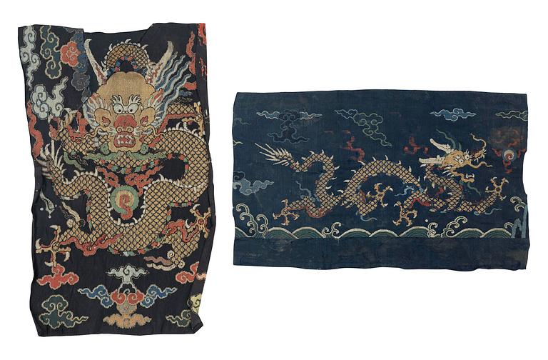 Two silk brocade 'dragon' fragments, late Ming dynasty/early Qing dynasty.