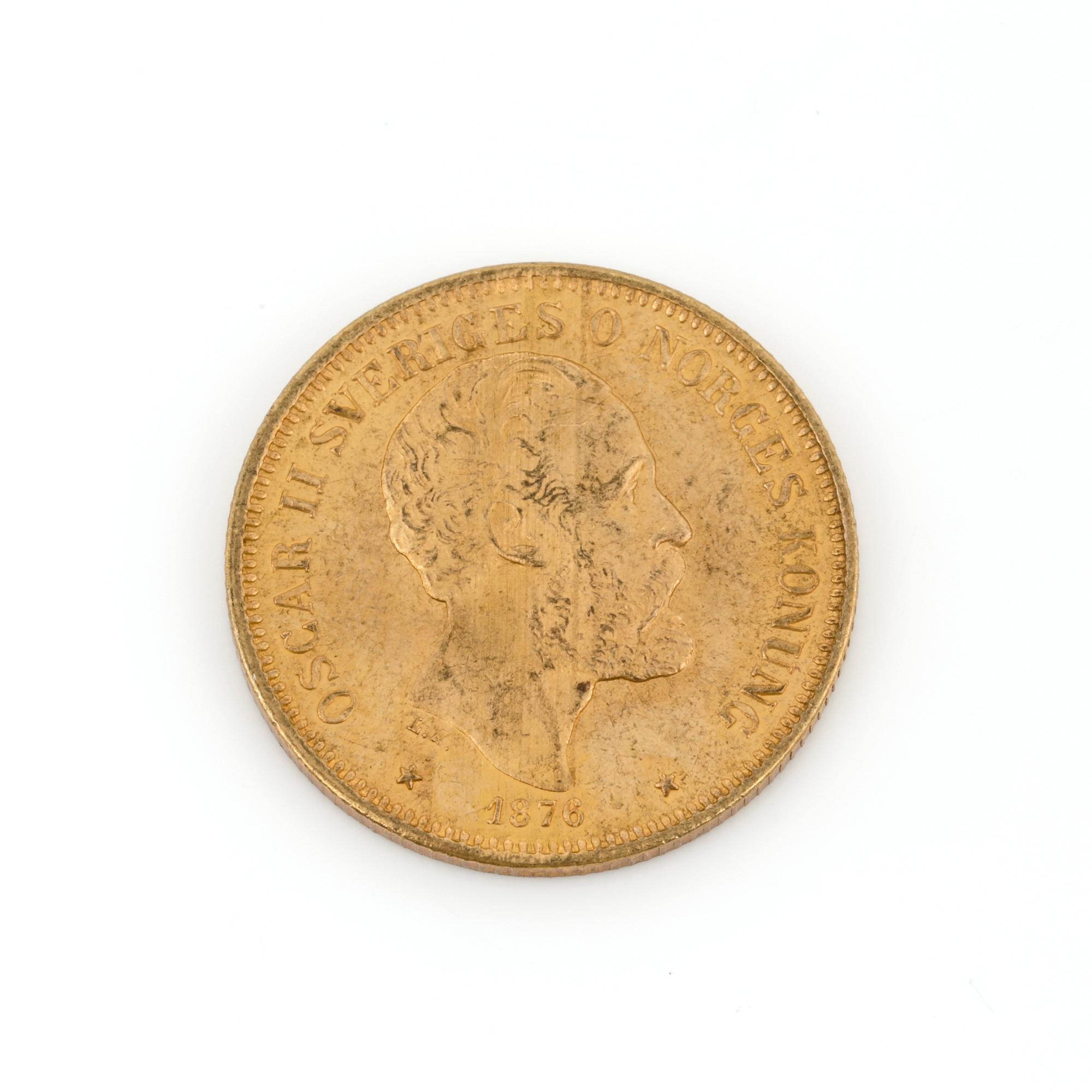 GULDMYNT, 20 kronor, Oscar II, 1876. Vikt ca 8 g.