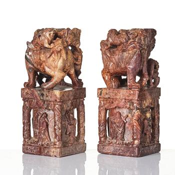 A pair of large soapstone seal stamps, late Qing dynasty/circa 1900.