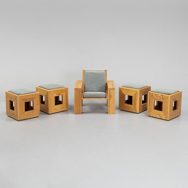 Barnmöbler, fåtölj och pallar, 4 st, 1970-tal.