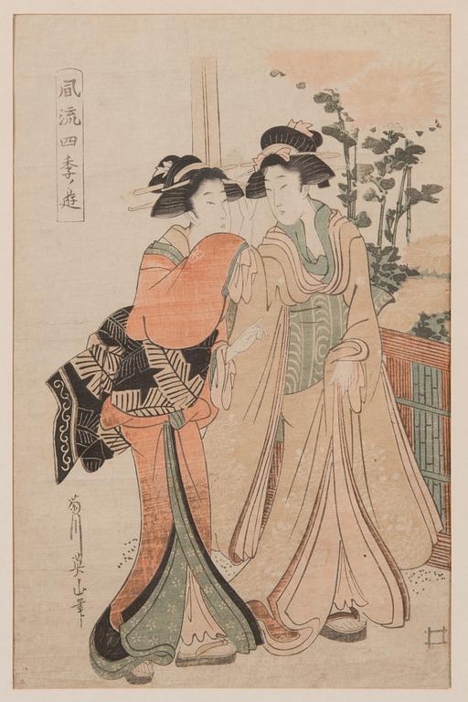 Färgträsnitt, 3 st, signerade Katsugawa Shunsho samt Kikugawa Eizan, efter,  sent 1800/tidigt 1900-tal, Japan.