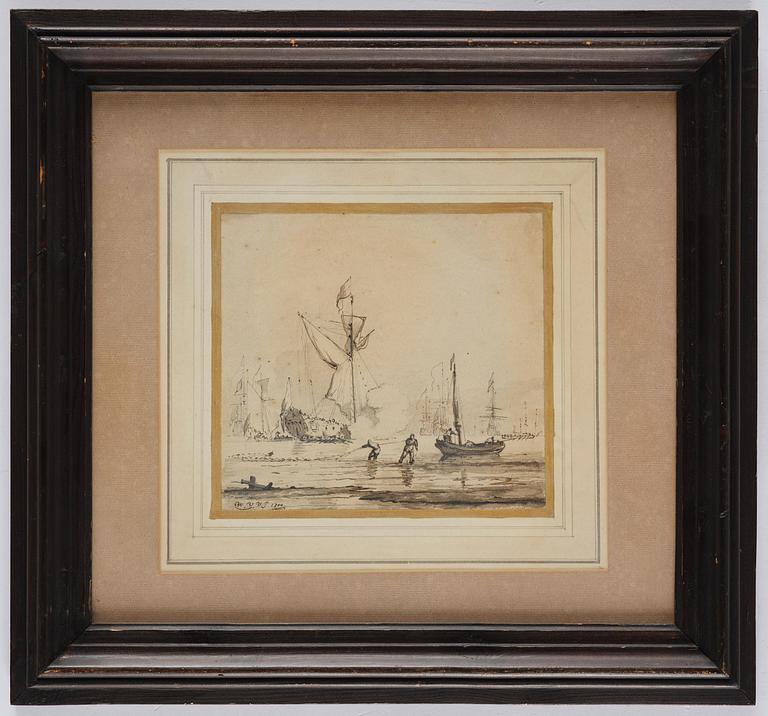 Willem van de Velde, attributed to, Coastal scene with fishermen and warships.