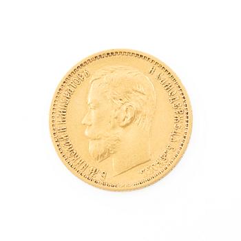 Gold coin, Nicholas II, Russia, 5 Rubles, 1898.