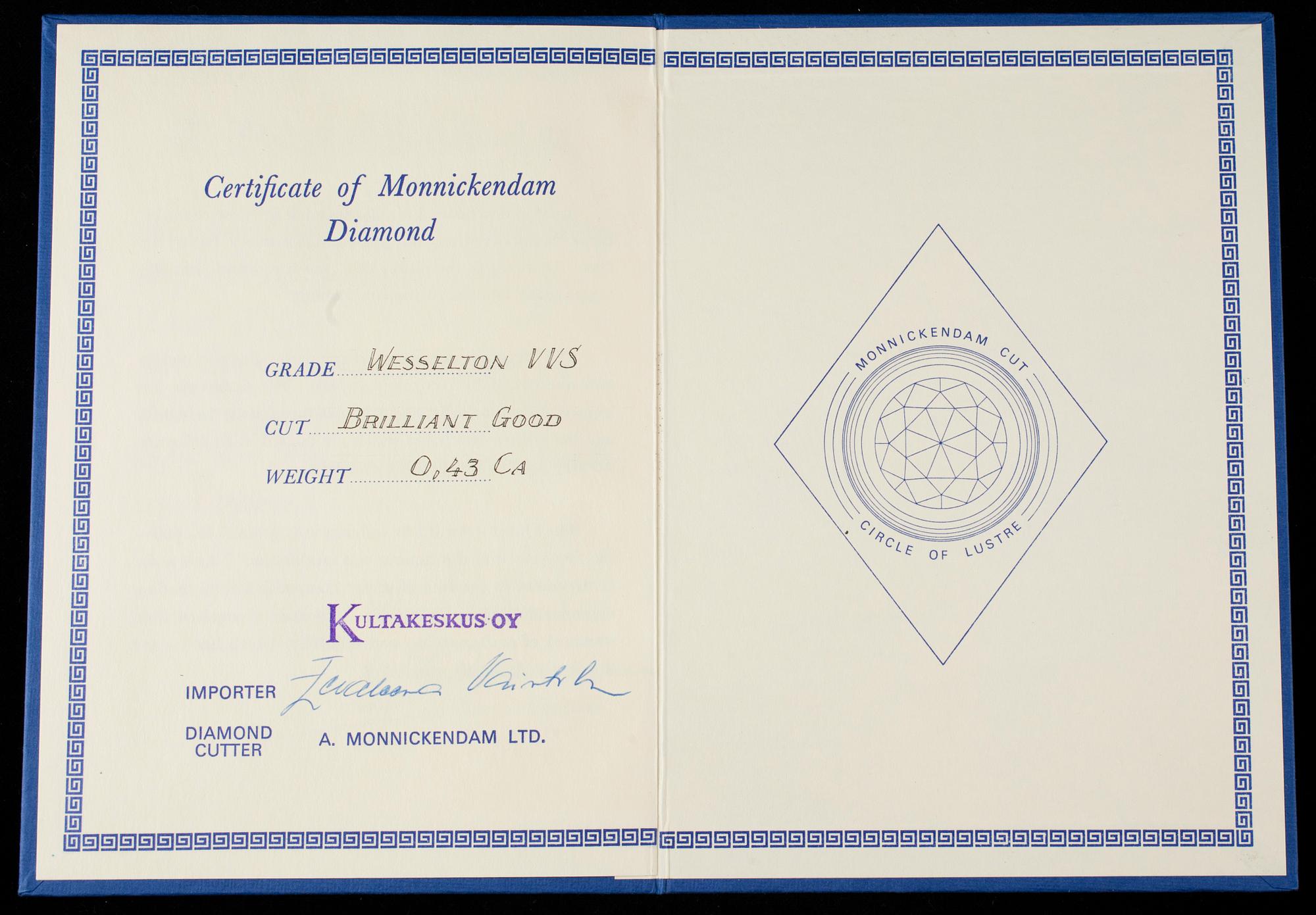 DIAMANT, briljantslipad 0,43 ct H / VVS.