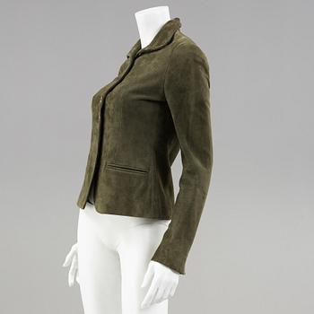 A dark green suede jacket by ralph lauren.