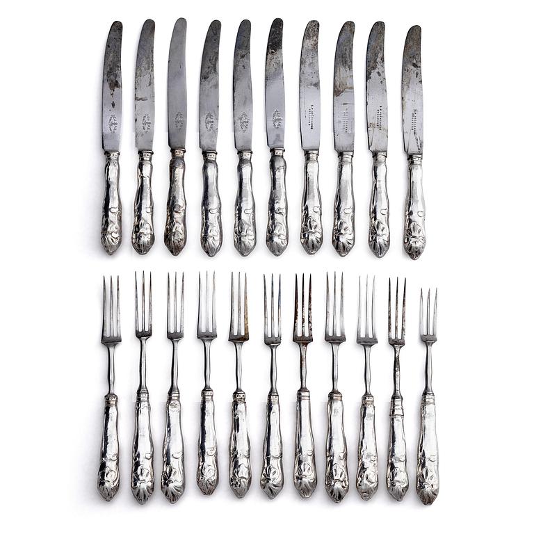 A Swedish set of 21 piece silver table-cutlery, marks of Isak Trybom, Stockholm 1766-1783.