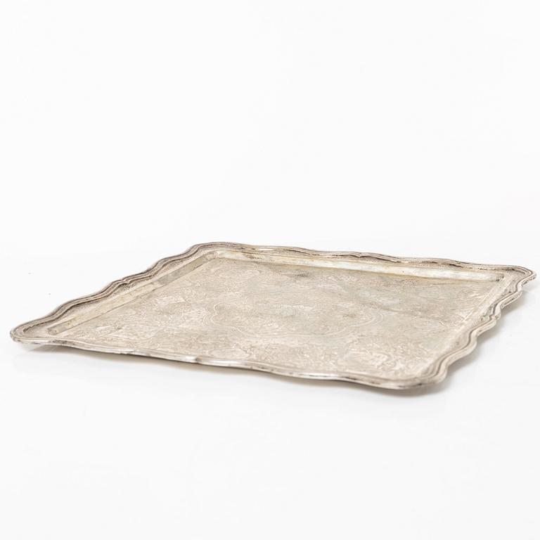 Cocktailglas, 6 st, samt bricka, silver, Iran, 1900-tal.