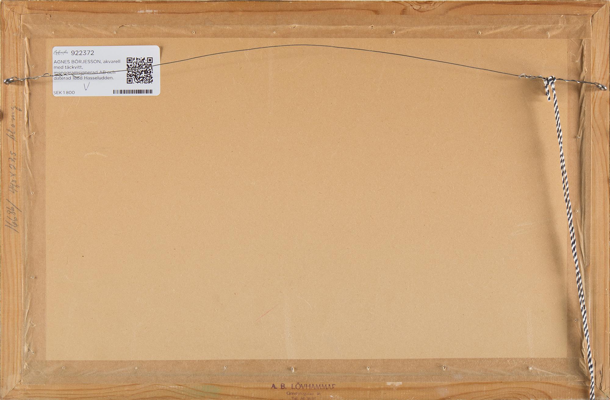 AGNES BÖRJESSON, watercolour, signed AB and dated 1888 Hasseludden.